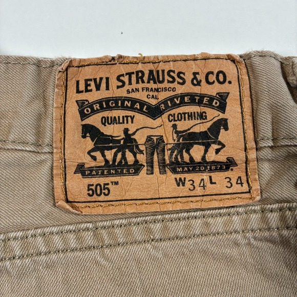 Levi's 505 Jeans 35x33 Beige Khaki Denim Cowboy USA White Tab (Tag 34x34) - Picture 4 of 10